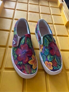 Hand-Painted Floral Slip-On Vans Sneakers size 8